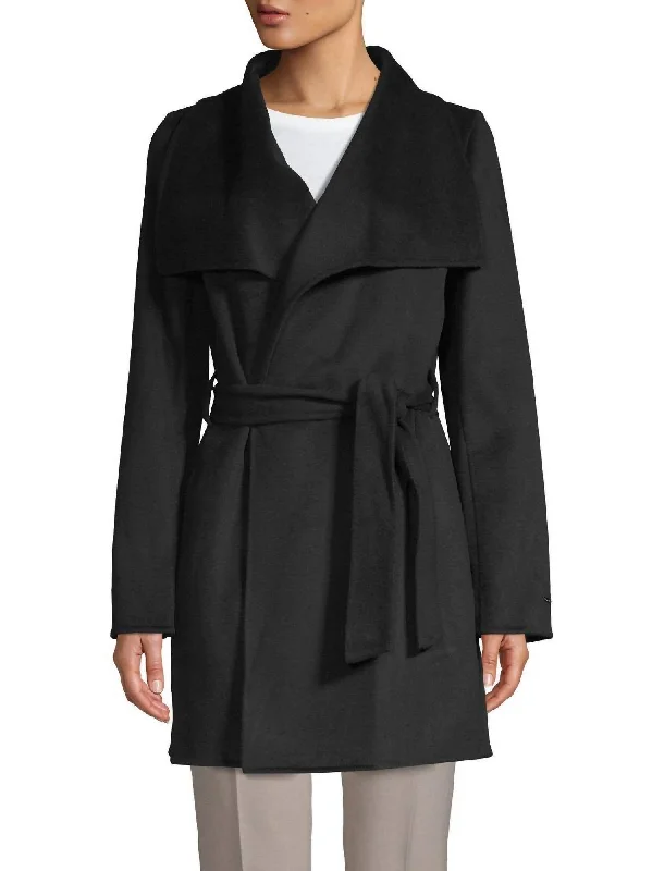 Ella Lightweight Wool Wrap Trench Coat in Black