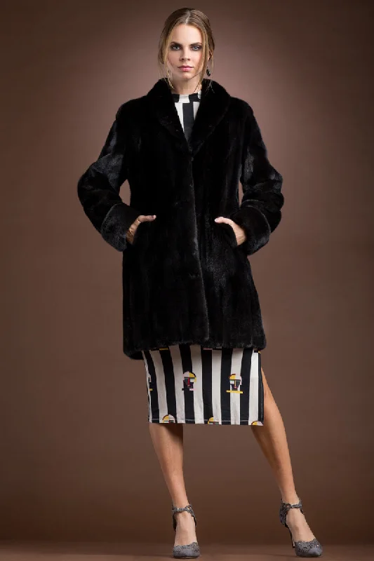 Mid-Length Mink Fur Coat - Shawl Collar - Turn Back Cuffs