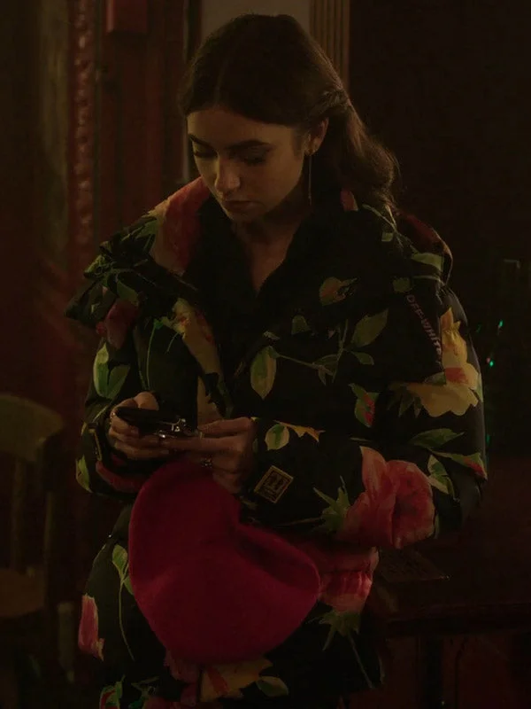 Lily Collins Emily In Paris Floral Puffer Jacket