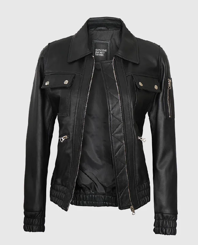 Evelyn Women's Classic Black Leather Bomber Jacket