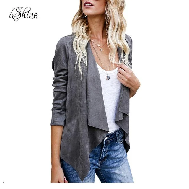 Fashion Women Irregular Faux Suede Leather Revers Coat