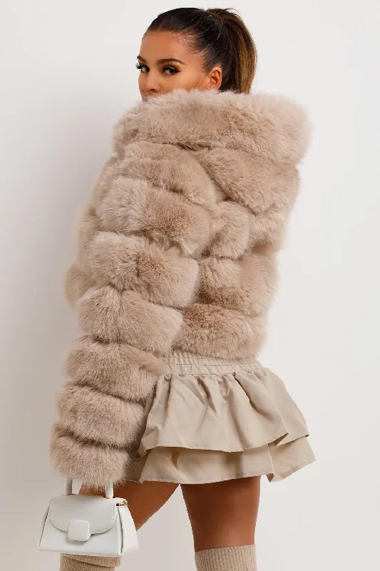 Faux Fur Coat With Hood Beige