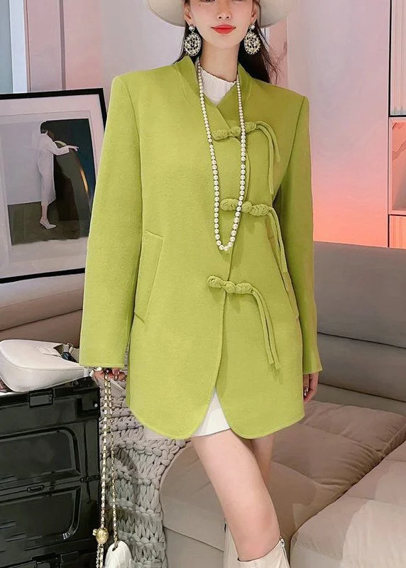 Fluorescent Green Woolen Coats Oversized Chinese Button Fall