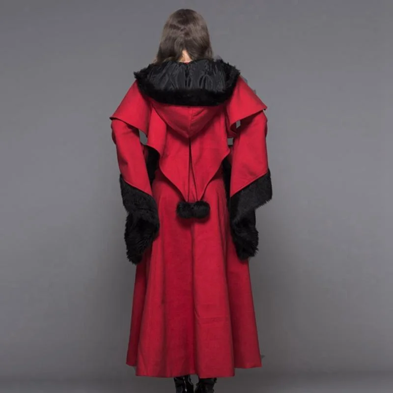 Women's Fur Trimmed Hooded Goth Topcoat