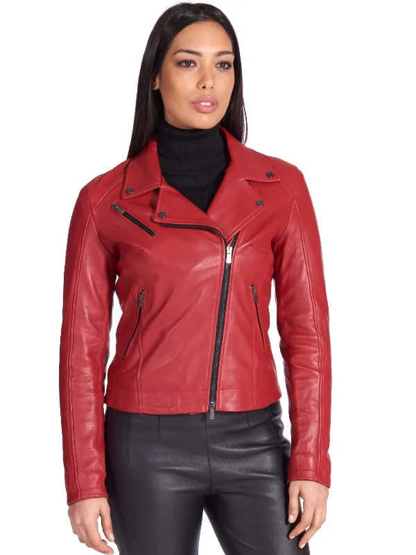 Genuine Red Leather Biker Jacket Women - Boneshia