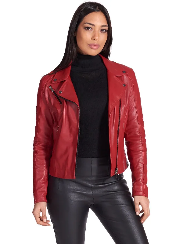 Genuine Red Leather Biker Jacket Women - Boneshia