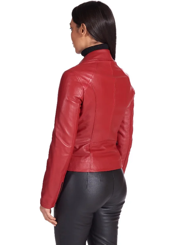 Genuine Red Leather Biker Jacket Women - Boneshia