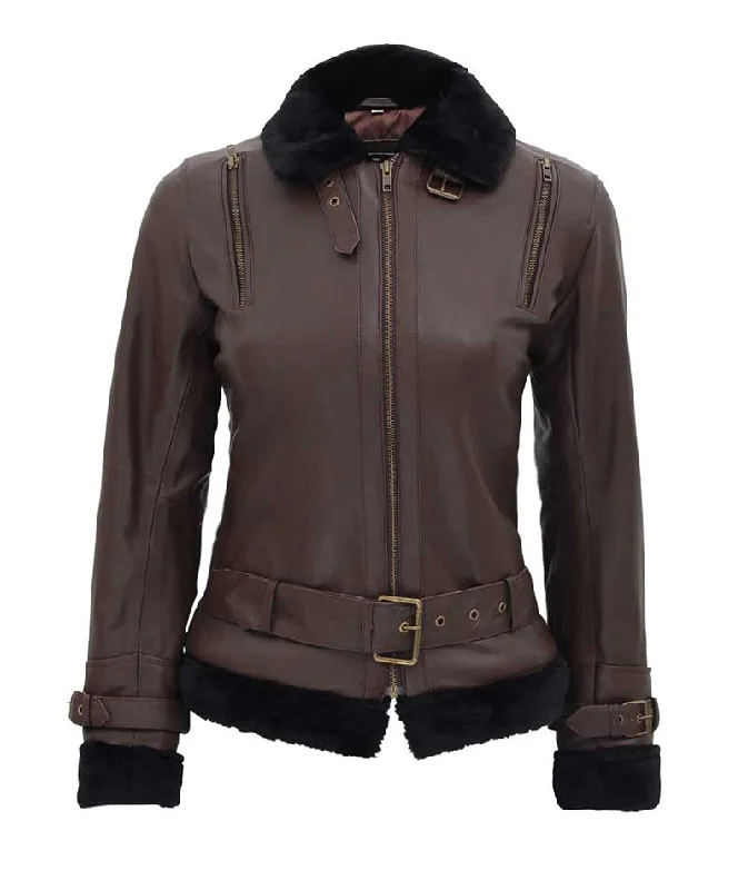 Gertrude Women's Shearling Collar Brown Leather Jacket