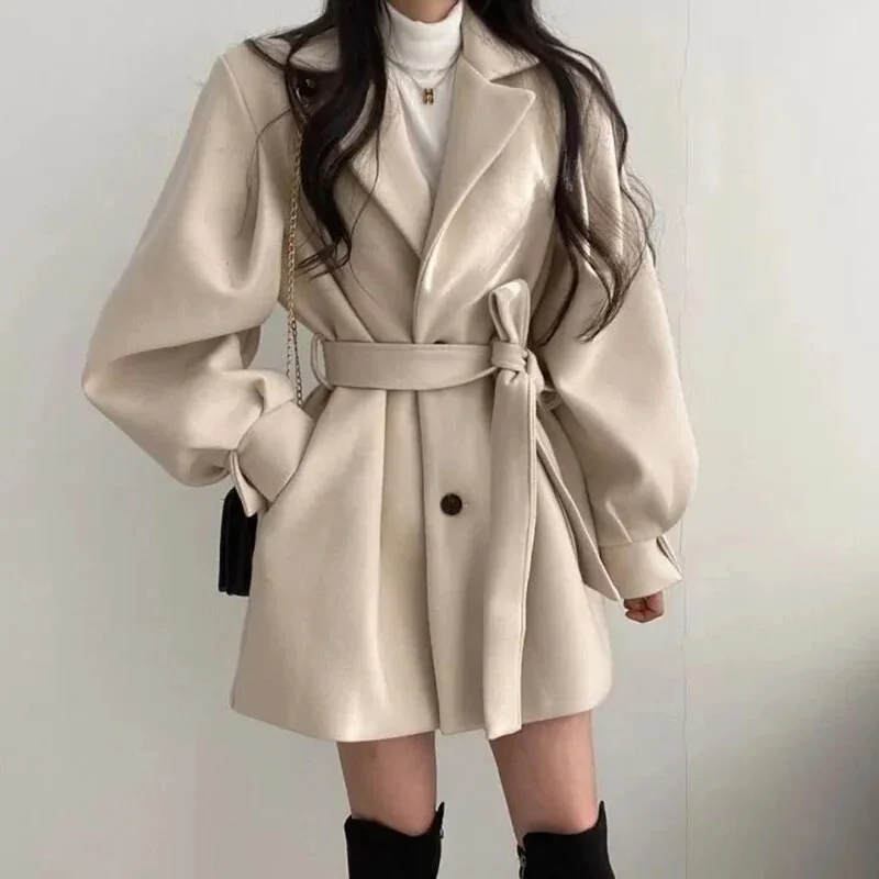 Getadme Women Woolen Coat Autumn Winter Elegant Korean Solid Thick Warm Mid Length Lapel Belt Jacket Office Lady Slim Trendy Outwear