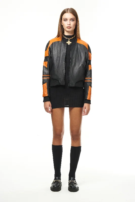 BLACK & ORANGE LEATHER SIGNATURE RACER BOMBER JACKET 003