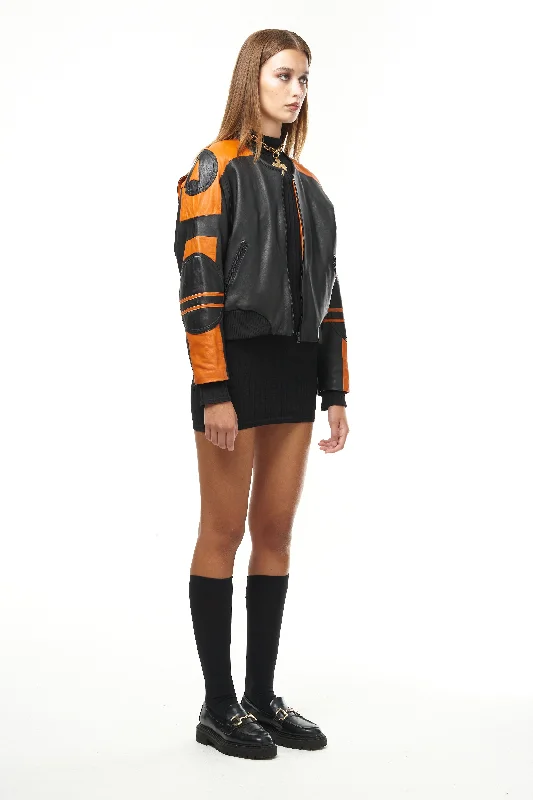 BLACK & ORANGE LEATHER SIGNATURE RACER BOMBER JACKET 003