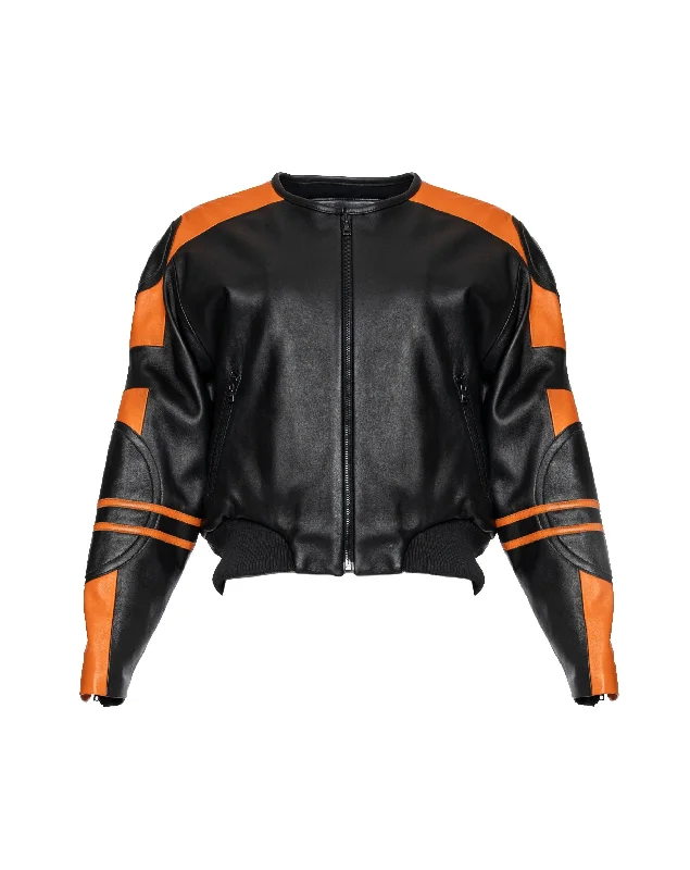 BLACK & ORANGE LEATHER SIGNATURE RACER BOMBER JACKET 003