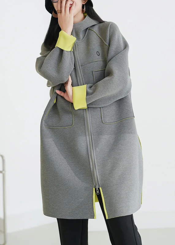 Italian Grey Hooded Pockets Side Open Cotton Coats Fall