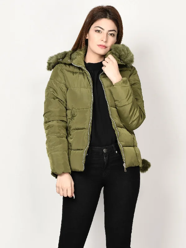 Faux Fur Puffer Jacket - Army Green