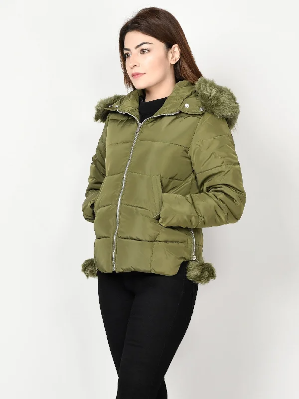 Faux Fur Puffer Jacket - Army Green