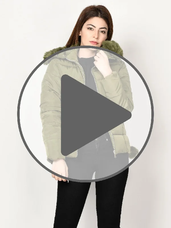 Faux Fur Puffer Jacket - Army Green