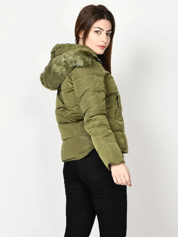 Faux Fur Puffer Jacket - Army Green