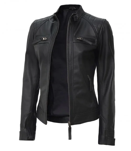 Johnson Women Black Cafe Racer Leather Jacket