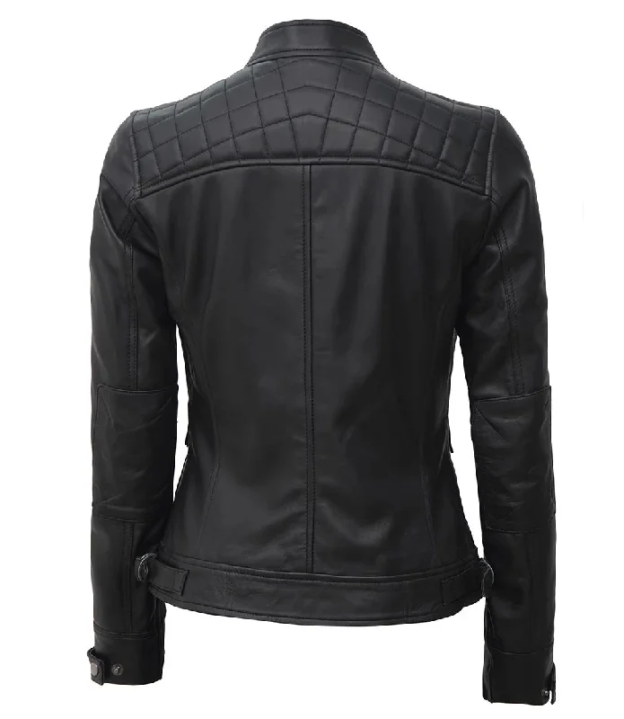 Johnson Women Black Cafe Racer Leather Jacket