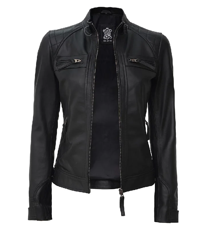 Johnson Women Black Cafe Racer Leather Jacket