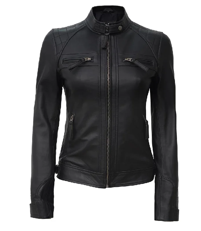 Johnson Women Black Cafe Racer Leather Jacket