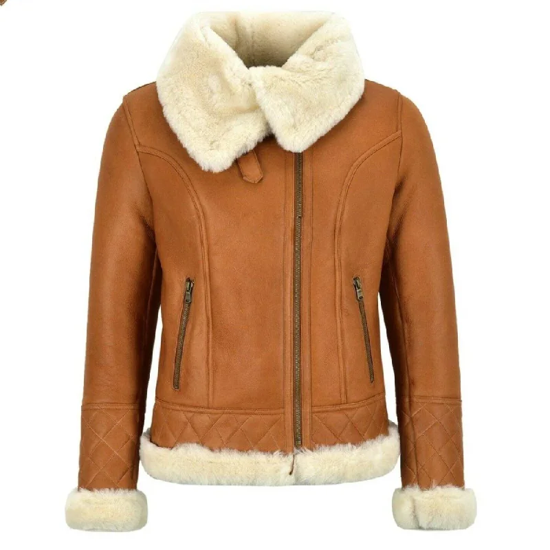 Ladies B3 White Shearling Asymmetric Real Fur Bomber Jacket