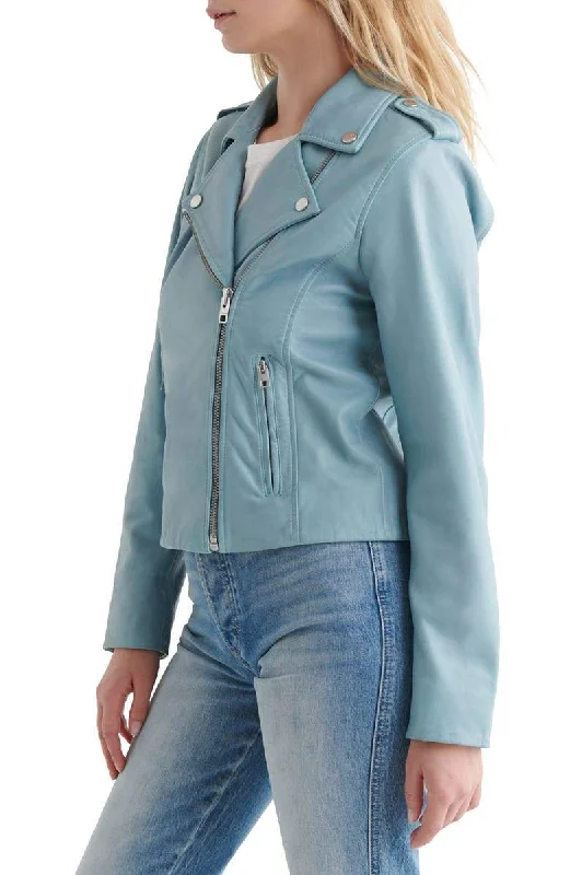 Light Blue Leather Moto Biker Jacket