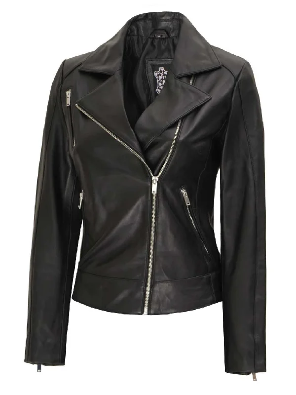 Linda Women's Black Asymmetrical Cafe Racer Leather Jacket