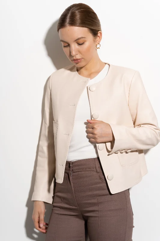 Luxy Collarless Leather Blazer- Parchment