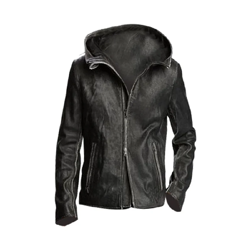 Men's Limited Edition Black Leather Hooded Jacket