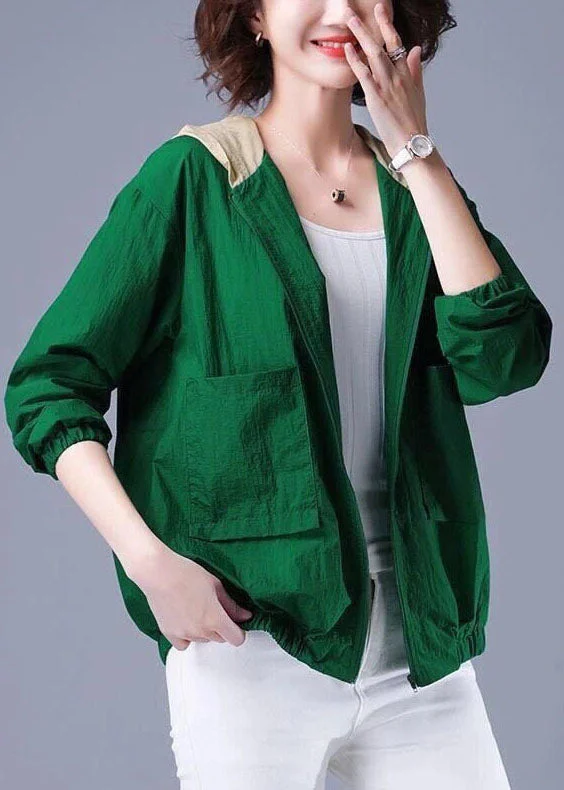 Modern Green Zippered Hooded Patchwork Spandex Jackets Long Sleeve