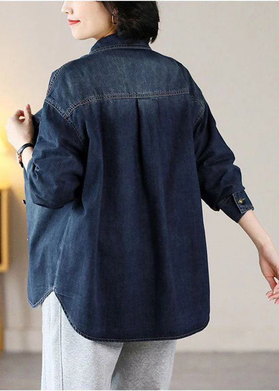 Modern Navy Oversized Embroideried Warm Fleece Denim Jackets Spring