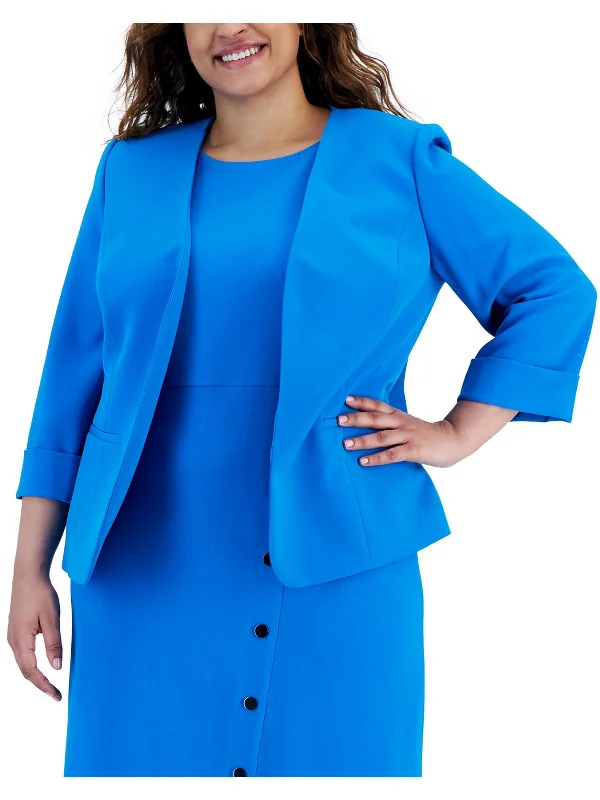 Plus Womens Open Front Suit Separate Collarless Blazer