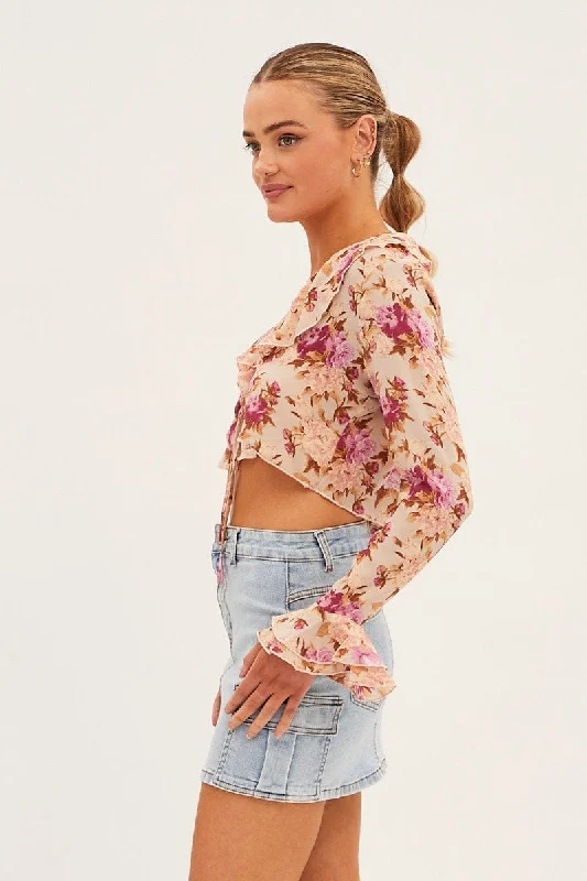 Print Print Chiffon Top Long Sleeve V Neck Frill