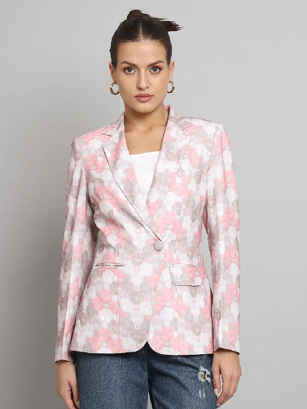 Printed Notch Collar Blazer- Pink