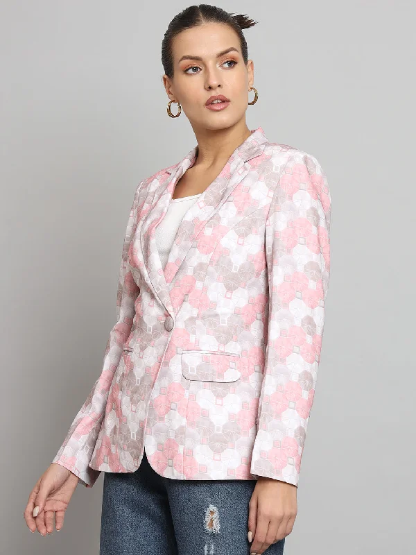 Printed Notch Collar Blazer- Pink