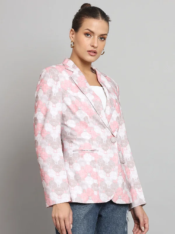 Printed Notch Collar Blazer- Pink