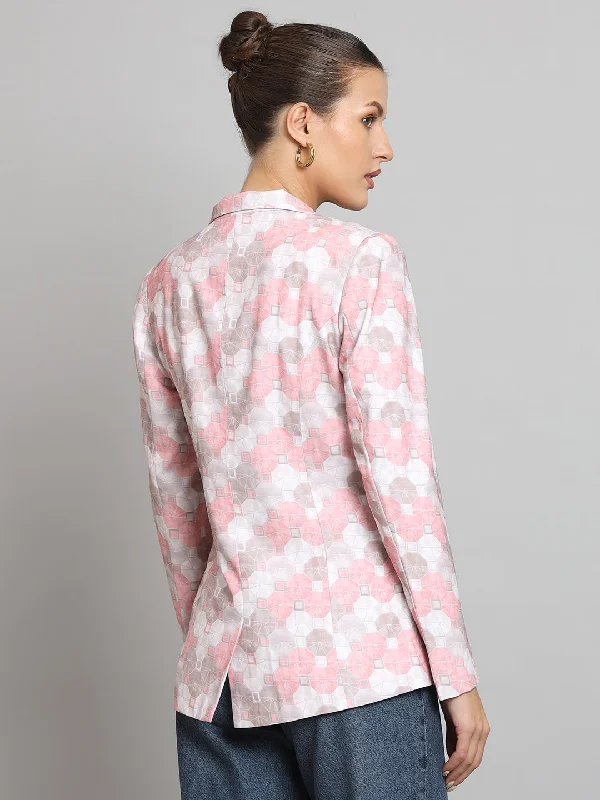 Printed Notch Collar Blazer- Pink