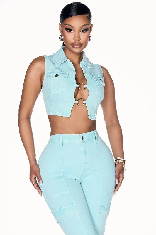 Step To It Stretch Cropped Denim Vest - Blue