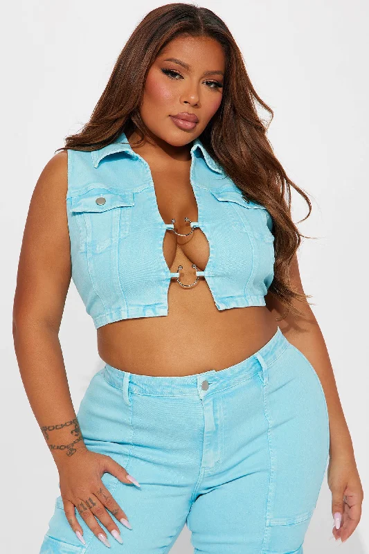 Step To It Stretch Cropped Denim Vest - Blue