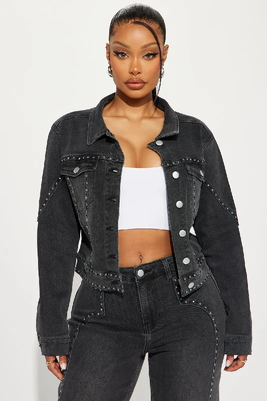 Striking Conversation Embellished Denim Jacket - Black Wash