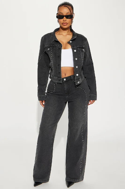 Striking Conversation Embellished Denim Jacket - Black Wash