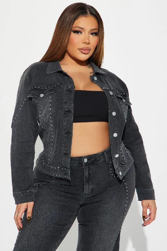 Striking Conversation Embellished Denim Jacket - Black Wash