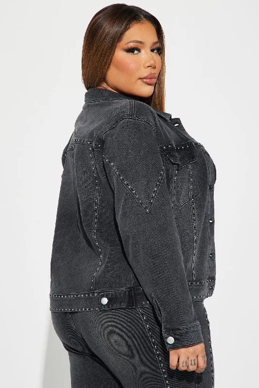 Striking Conversation Embellished Denim Jacket - Black Wash