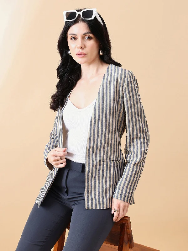 Stripe Poly Linen Blazer - Navy and Beige