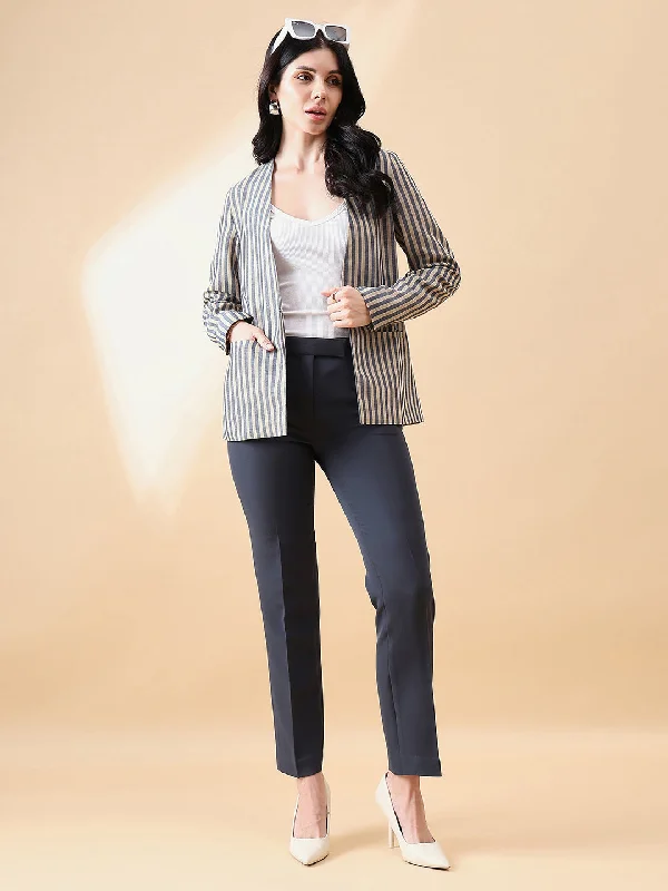 Stripe Poly Linen Blazer - Navy and Beige