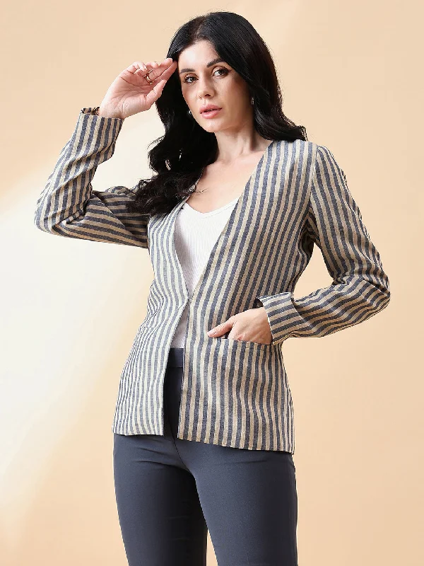 Stripe Poly Linen Blazer - Navy and Beige