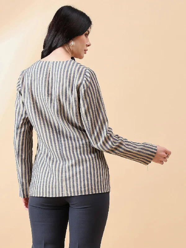 Stripe Poly Linen Blazer - Navy and Beige