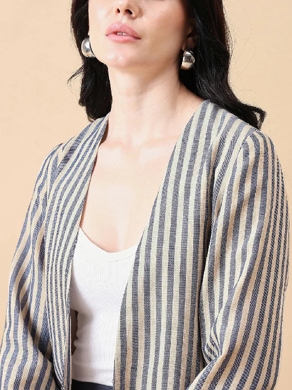 Stripe Poly Linen Blazer - Navy and Beige