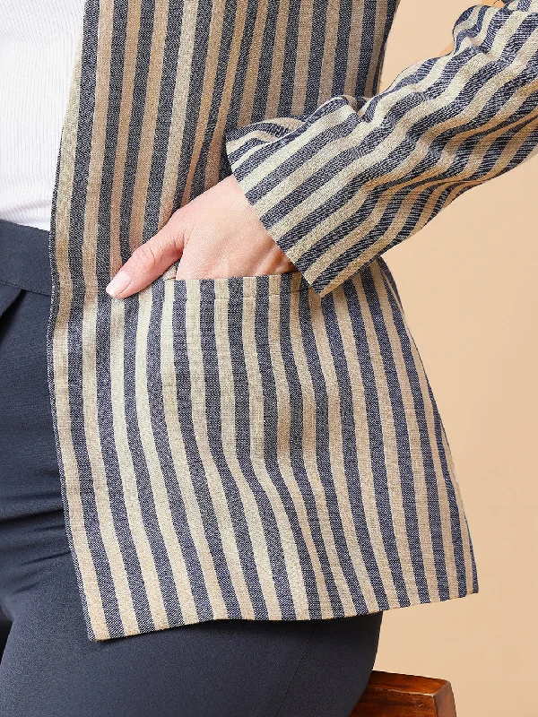 Stripe Poly Linen Blazer - Navy and Beige